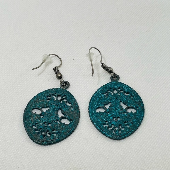 New Retro Earrings Drop Dangle Green Metal Boho Bohemian Round Big Rustic Hippie - Picture 3 of 6